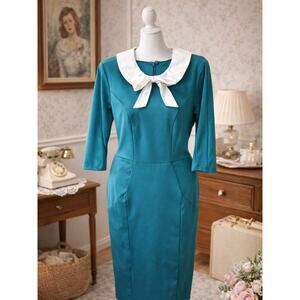 Unique Vintage Teal Wiggle Dress XL 14 Peter Pan Collar Bow Retro Pinup Sheath
